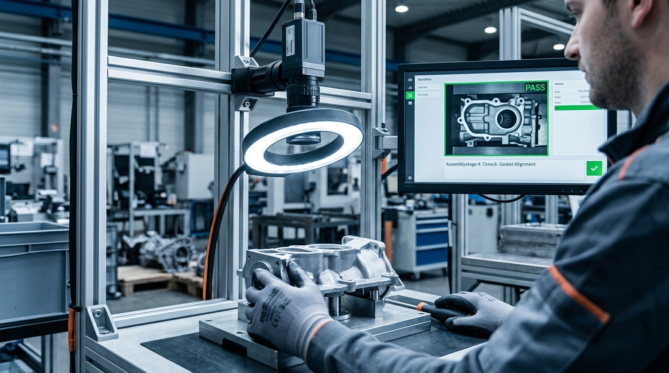 Industriekamera über einem Montagearbeitsplatz in einer Fertigungshalle, Blick auf einen Bildschirm mit Prüfergebnis und Arbeitsanweisung, Beleuchtungseinheit und Bauteil im Fokus · KI-generiert