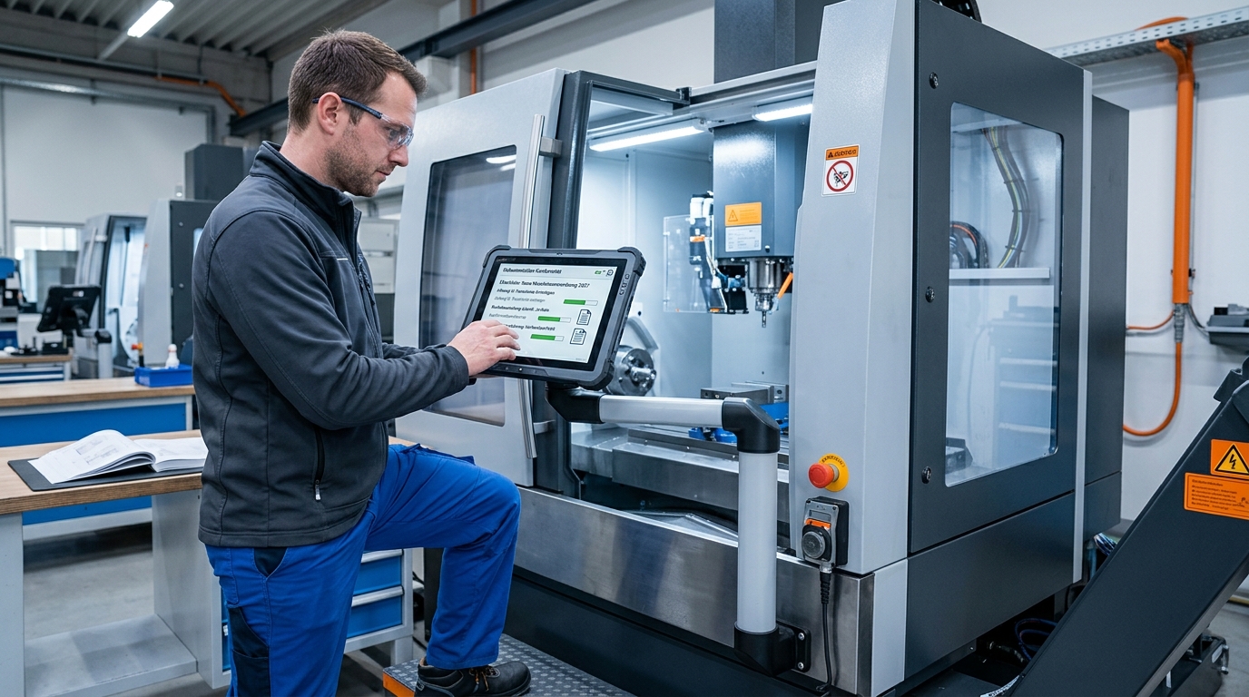 Industriefachmann prüft die digitale Dokumentation an einer automatisierten Fertigungsmaschine. · KI-generiert